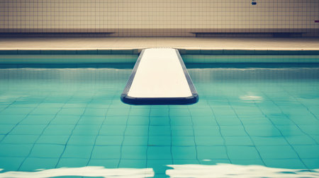 A diving board extending over an empty pool, ready for competition.の素材