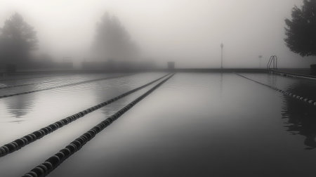 A foggy morning at an outdoor pool, with lane ropes leading into the mist.の素材