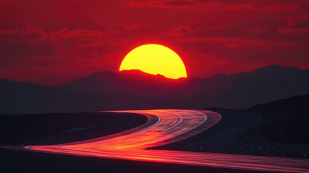 A motivational poster featuring an empty track under a rising sun, symbolizing new beginnings.の素材