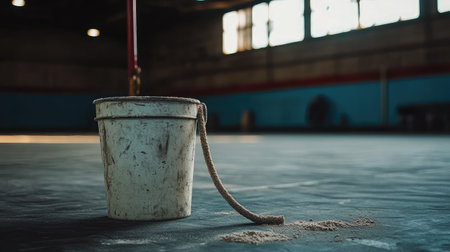 A chalk bucket placed beside the uneven bars in a competition gym.の素材