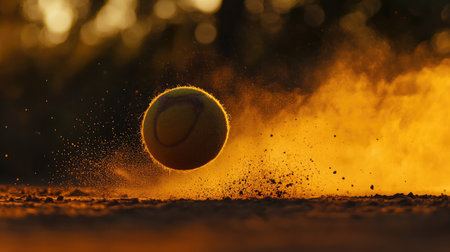 A golden hour view of a tennis ball bouncing on a clay surface, kicking up dust.の素材