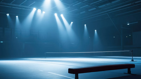A balance beam standing in an empty gymnastics arena under bright spotlights.の素材
