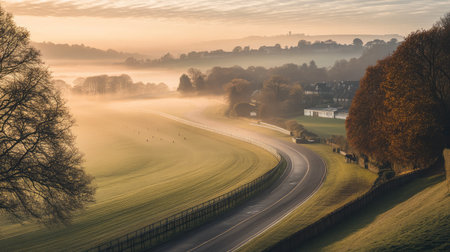A dramatic racecourse illuminated by golden morning light, with mist over the road.の素材