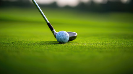 A close-up of a golf club positioned behind a ball on a neatly trimmed fairway.の素材