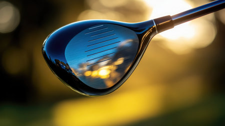 A close-up of a driver club head reflecting sunlight before a swing.の素材