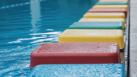 A row of colorful kickboards neatly lined up on the pool deck.の素材
