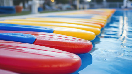 A row of colorful kickboards neatly lined up on the pool deck.の素材
