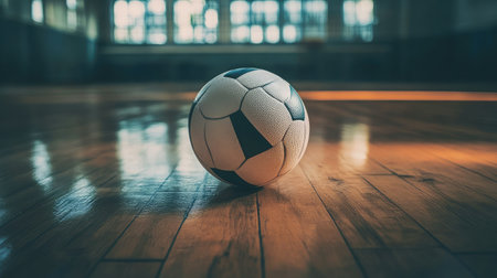 A close-up of a volleyball resting on a polished wooden court floor.の素材