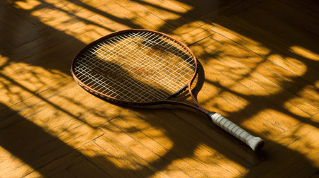 A badminton racket and shuttlecock placed neatly on a polished wooden floor.の素材