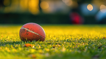 A close-up of a rugby ball resting on green grass before a kickoff.の素材