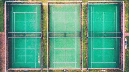 A bird's-eye view of a professional badminton stadium with multiple courts.の素材