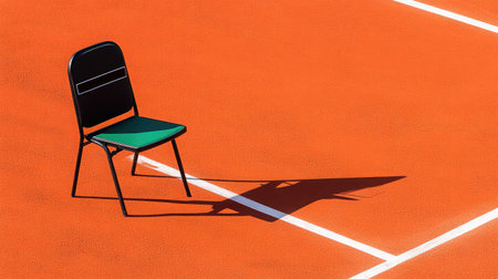 A badminton umpire's chair placed beside the court with a clipboard.の素材