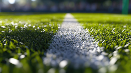 A close-up of the rugby field's white try line meeting the green turf.の素材
