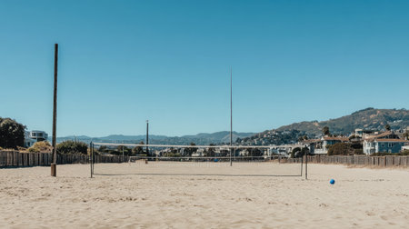 A beach volleyball court with a ball resting on the sand under a clear sky.の素材