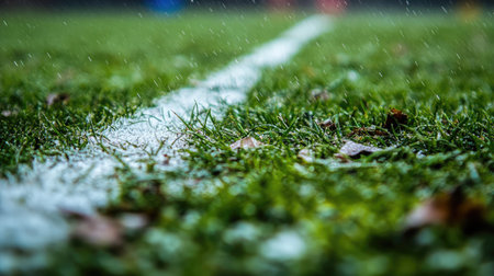 A close-up of the rugby field's white try line meeting the green turf.の素材