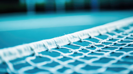 A close-up of the net's white border tightly stretched across the court.の素材