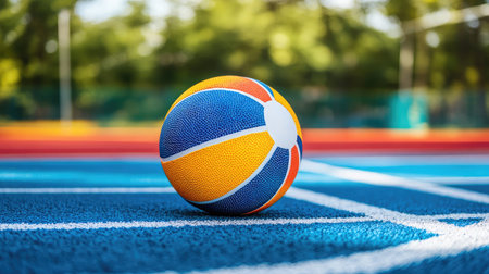 A freshly painted volleyball with vibrant colors placed on the court.の素材
