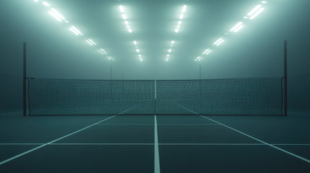 A net stretched tightly across a badminton court, illuminated by bright lights.の素材