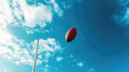 A dramatic view of a rugby ball mid-air flying toward the goalposts.の素材