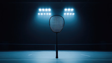 A dramatic lighting setup highlighting a single badminton racket on the court.の素材