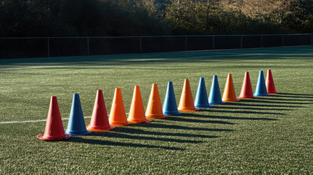 A set of colorful training cones on a rugby field during practice.の素材