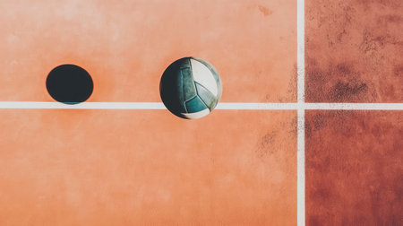 A dramatic high-angle shot of a volleyball hovering over a court.の素材