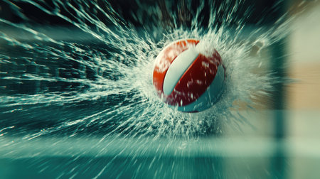 A high-speed shot of a volleyball touching the net with slight deformation.の素材