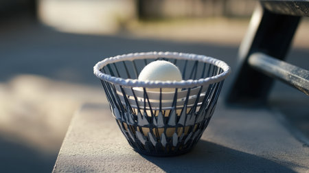 A shuttlecock basket placed beside the court for practice sessions.の素材