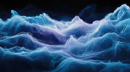 Abstract digital waves in shades of blue and purple on a dark background.の素材