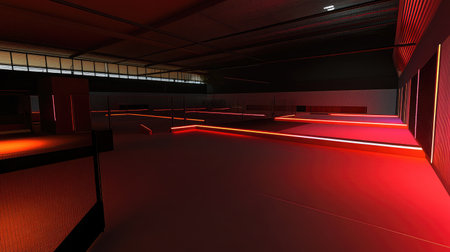 A dimly lit fencing piste with glowing LED boundary lines.の素材