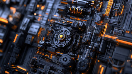 Abstract D gears and mechanical components in a high-tech environment.の素材