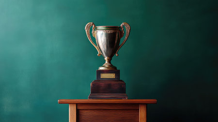 A championship fencing trophy standing tall on a wooden podium.の素材