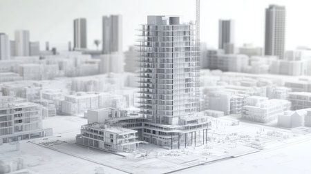 A digital blueprint with architectural and mechanical schematics.の素材