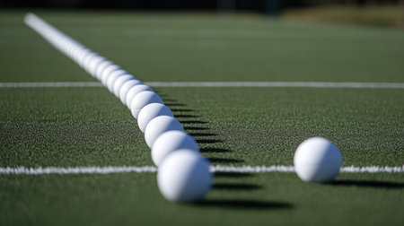 A set of rugby balls neatly arranged on the sidelines of a field.の素材
