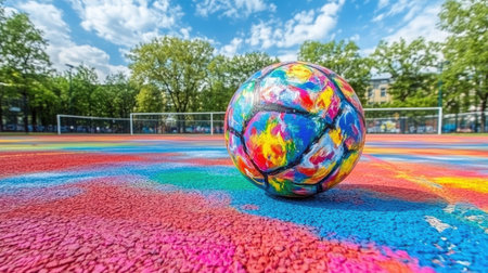 A freshly painted volleyball with vibrant colors placed on the court.の素材