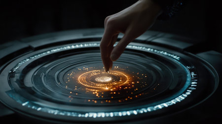 A close-up of an pe tip making contact with an electronic scoring target.の素材