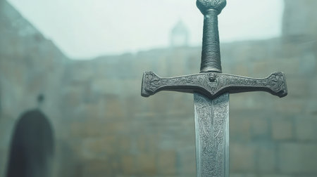 A historic fencing sword displayed in a museum with intricate engravings.の素材