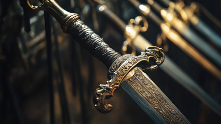 A historic fencing sword displayed in a museum with intricate engravings.の素材