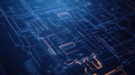 A futuristic blueprint with glowing neon technical drawings on a dark background.の素材