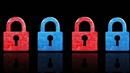 A high-tech background with encrypted data streams and security shields.の素材