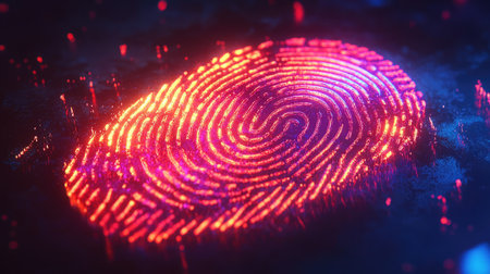 A glowing digital fingerprint scanning effect in neon blue.の素材