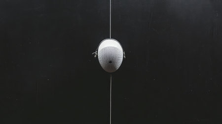 A minimalist fencing mask and pe composition on a black matte surface.の素材