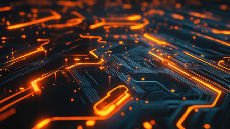 A high-tech microchip with glowing circuit lines and futuristic elements.の素材