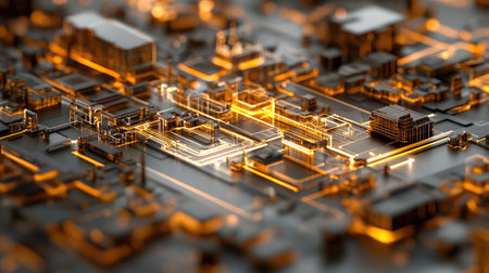 A sleek digital CAD model with glowing lines and modern D elements.の素材