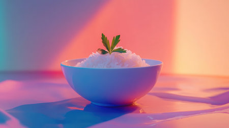 A bowl of white rice with a single sprig of green parsley placed on top for contrast.の素材