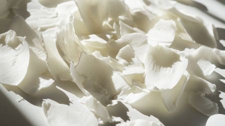 A close-up of white coconut shavings on a smooth white plate with soft shadows.の素材