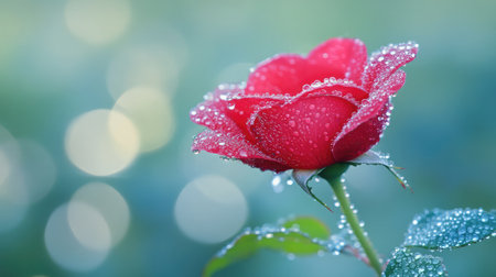 A close-up of a dew-covered red rose with glistening water droplets and soft blurred background.の素材