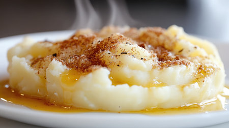 A close-up of fluffy mashed potatoes with melted butter drizzling down the sides on a white plate.の素材