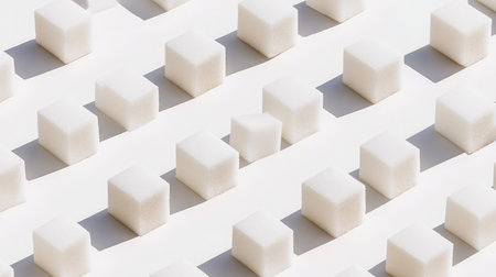 A collection of white sugar cubes arranged in a geometric pattern on a smooth white surface.の素材