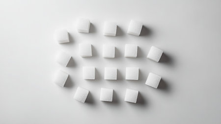 A collection of white sugar cubes arranged in a geometric pattern on a smooth white surface.の素材